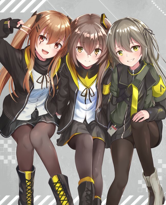 Three Anime Girls — Gray, Cheerful