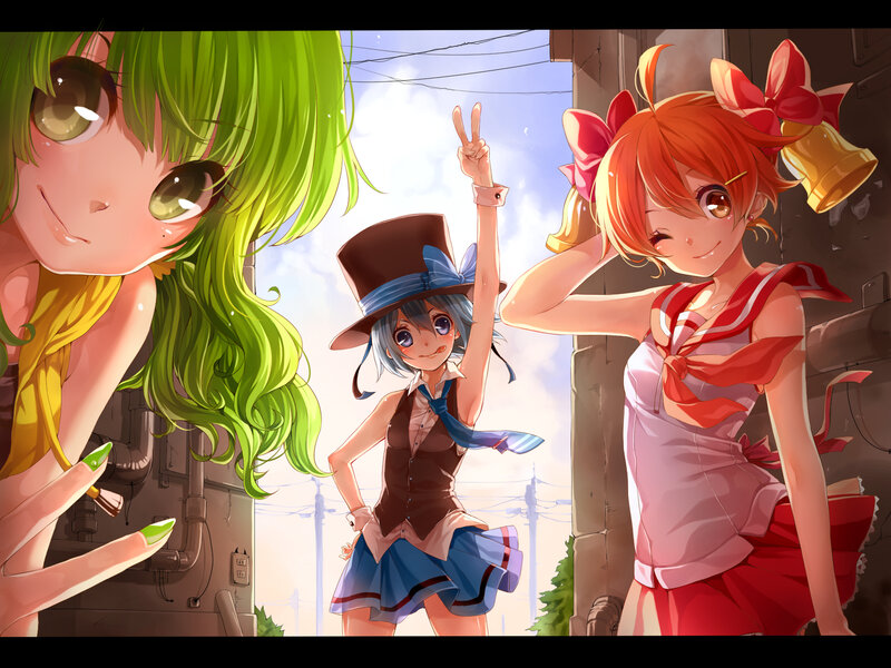 Three Anime Girls — Green, Cheerful, Afternoon