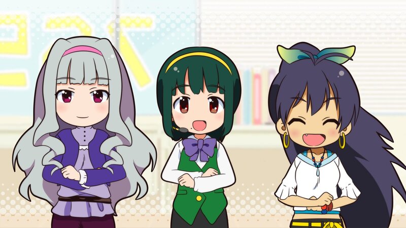Three Anime Girls — Green, Cheerful, Microphone
