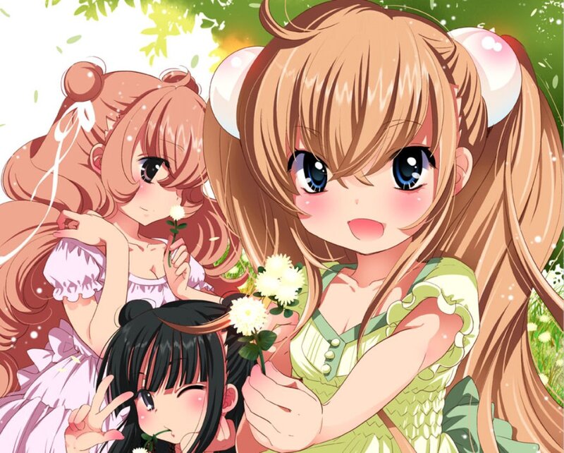 Three Anime Girls — Green, Cheerful, Spring