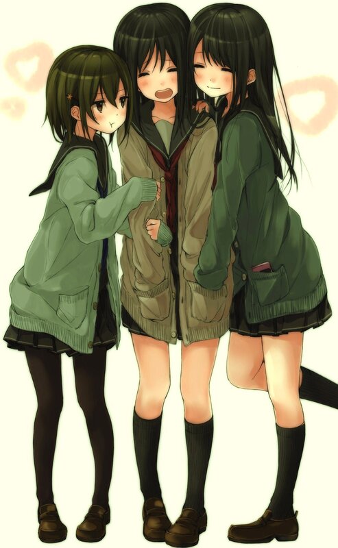 Three Anime Girls — Green, Friendly, School Uniforms
