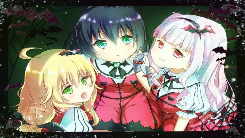 Three Anime Girls — Green, Playful, Night