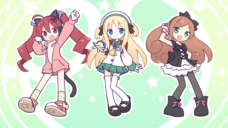 Three Anime Girls — Green, Playful, Stars, Headphones