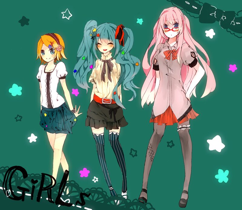 Three Anime Girls — Green, Playful, Stars