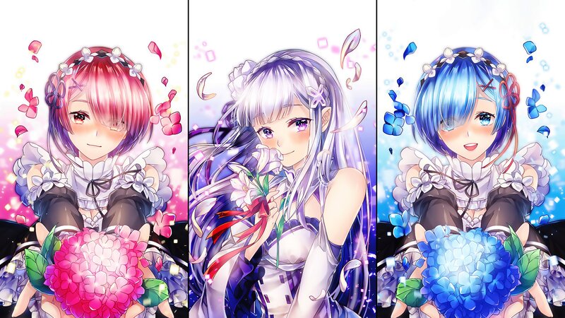 Three Anime Girls Holding Flowers