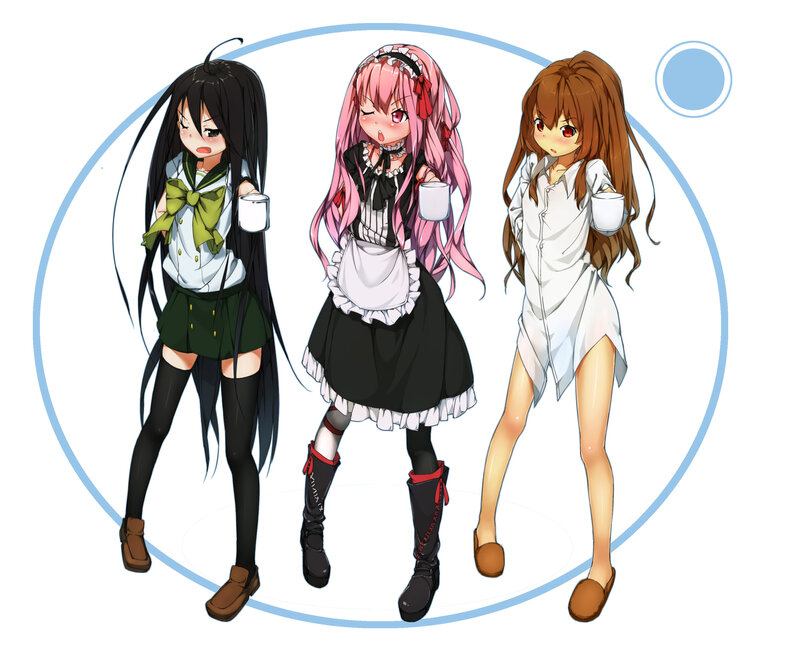 Three Anime Girls Holding Mugs — White