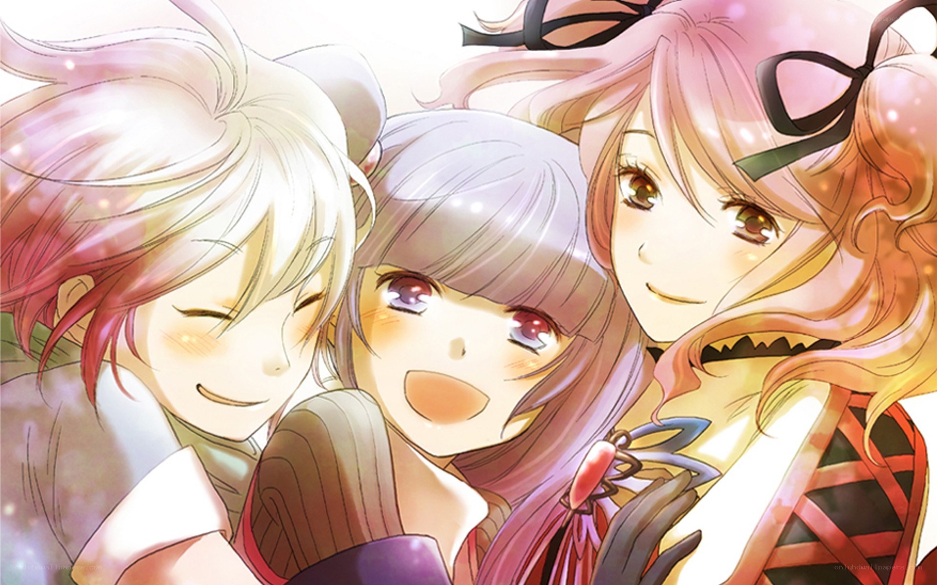 three anime girls hugging