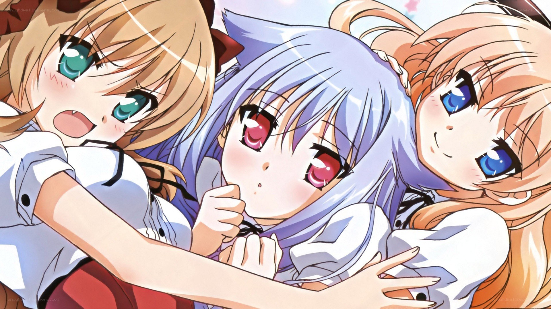 three anime girls hugging