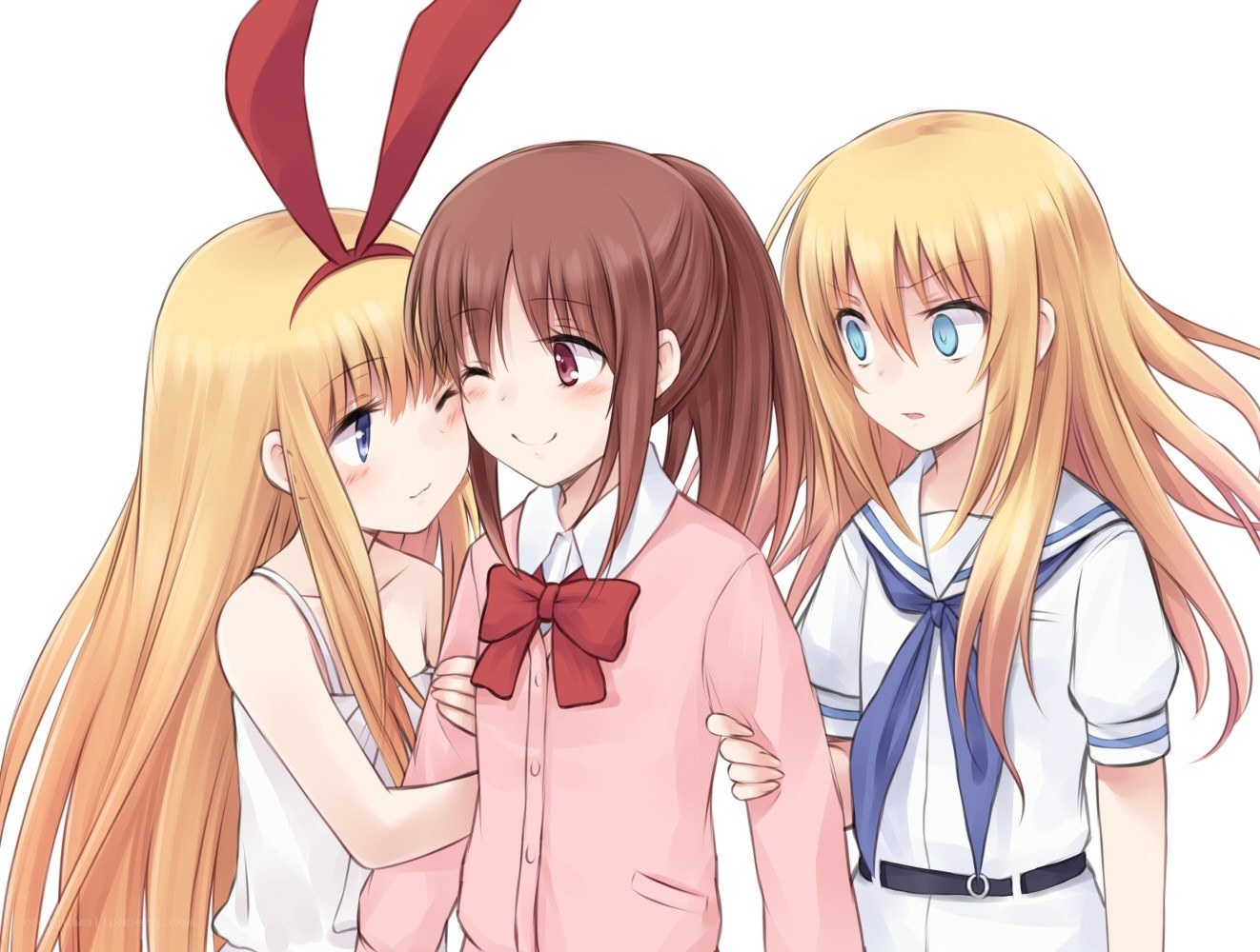 three anime girls hugging