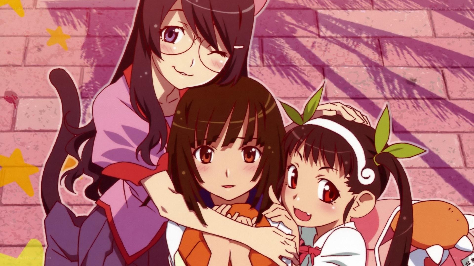 Three anime girls hugging