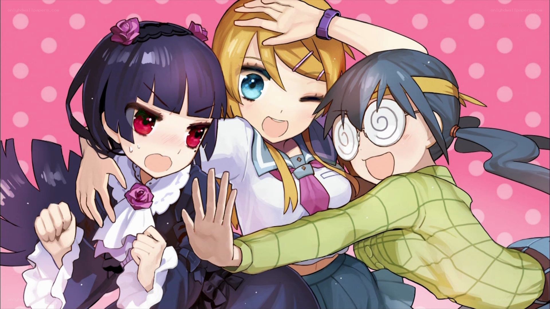 three anime girls hugging