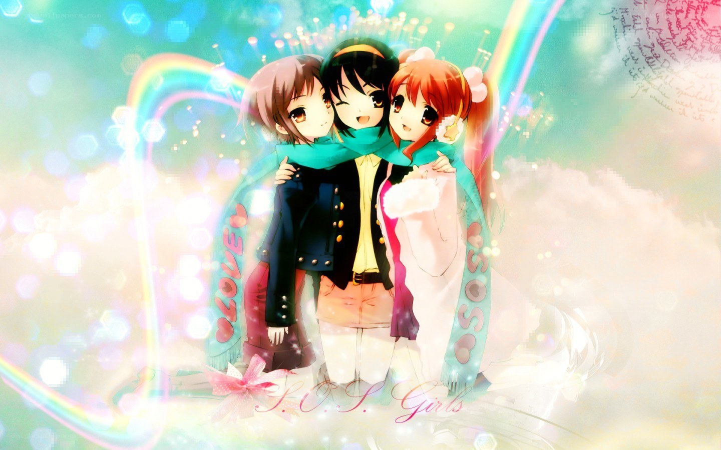 three anime girls hugging