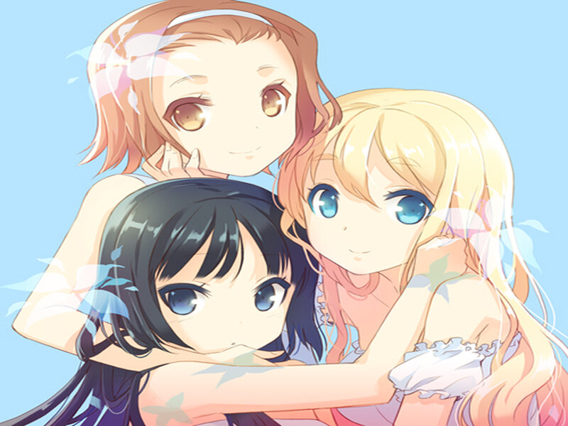 Three Anime Girls Hugging — Blue, Happy