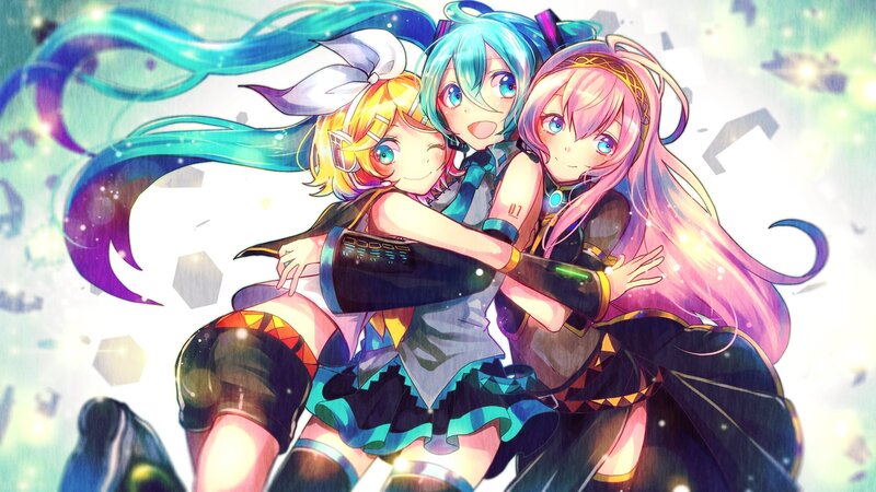 Three Anime Girls Hugging — Blue, Joyful