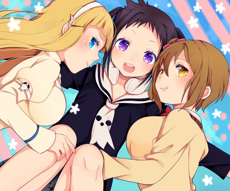 Three Anime Girls Hugging — Blue, Playful, Sailor Uniforms
