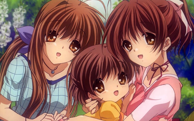 Three Anime Girls Hugging — Brown, Happy