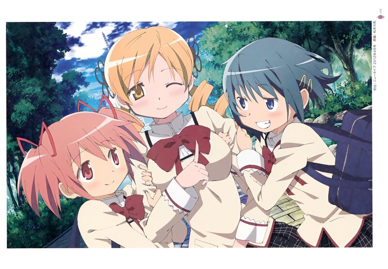 Three Anime Girls Hugging — Green, Cheerful