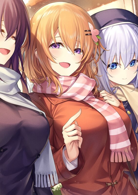 Three Anime Girls Hugging — Orange, Friendly, Winter