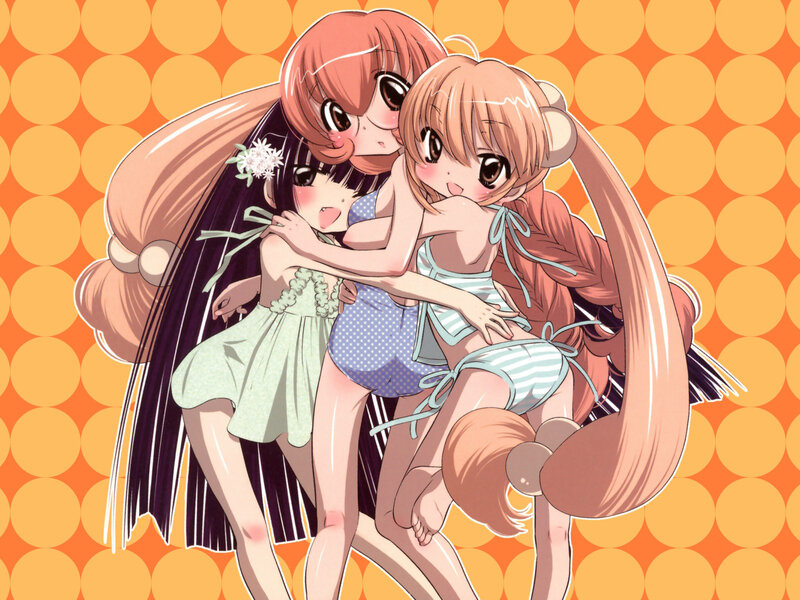 Three Anime Girls Hugging — Orange