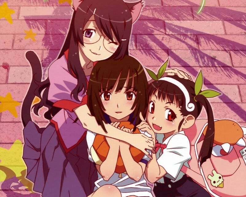 Three Anime Girls Hugging — Pink, Cheerful, Afternoon