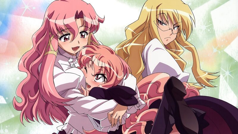 Three Anime Girls Hugging — Pink, Cheerful, Long Hair