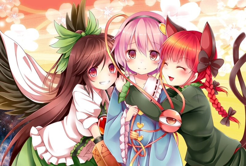Three Anime Girls Hugging — Pink, Cheerful, Spring, Cherry Blossoms