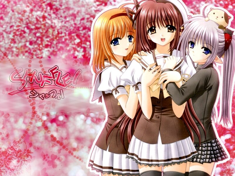 Three Anime Girls Hugging — Pink, Cheerful, Spring