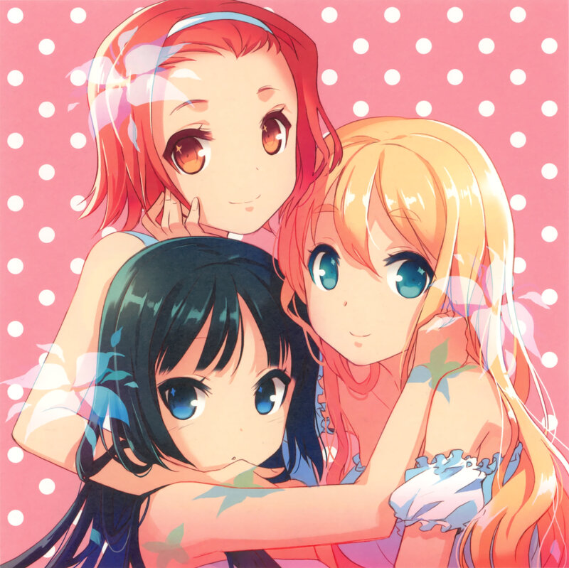 Three Anime Girls Hugging — Pink, Cheerful