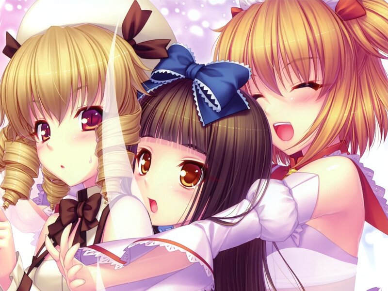 Three Anime Girls Hugging — Pink, Happy, Bows