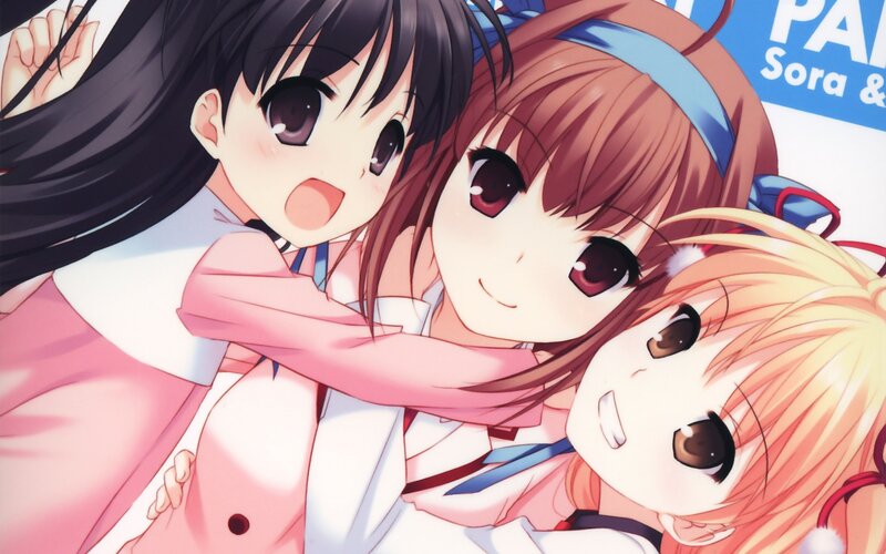 Three Anime Girls Hugging — Pink, Happy