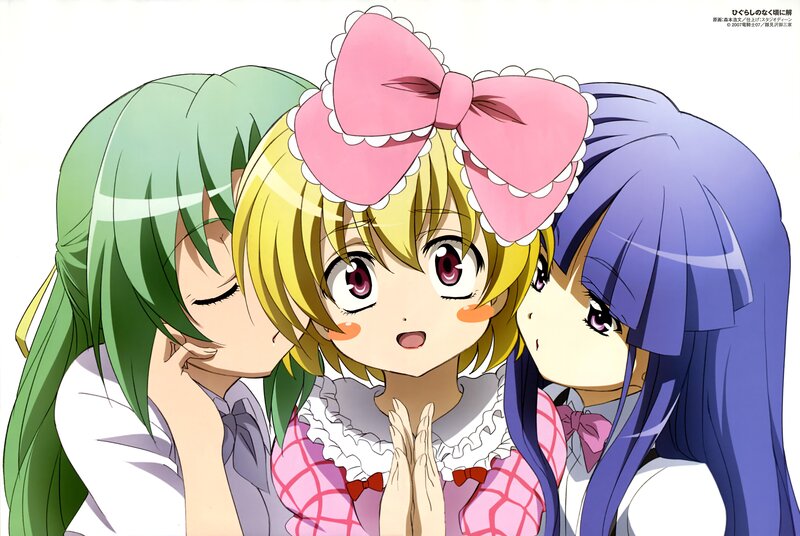 Three Anime Girls Hugging — Pink, Playful, Bows