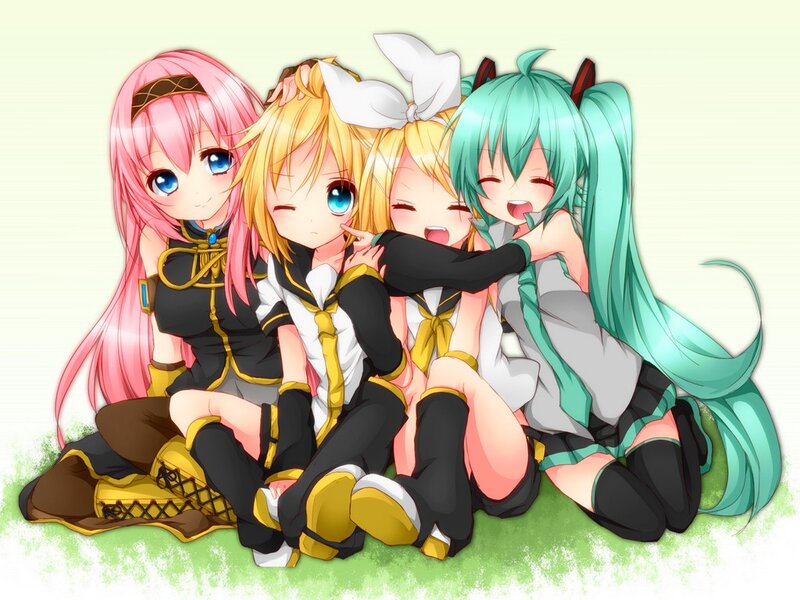 Three Anime Girls Hugging — Pink, Playful, Grass