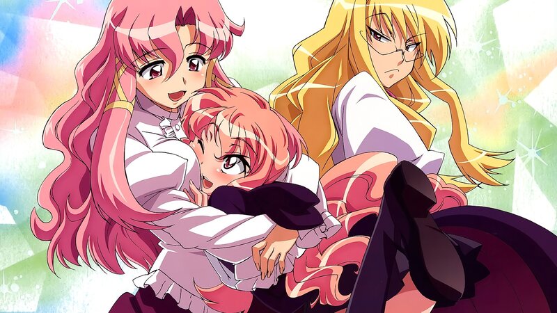 Three Anime Girls Hugging — Pink, Playful, School Uniforms, Long Hair