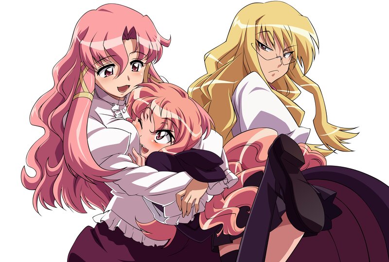 Three Anime Girls Hugging — Pink, Playful, School Uniforms
