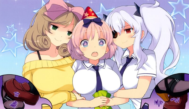 Three Anime Girls Hugging — Purple, Playful