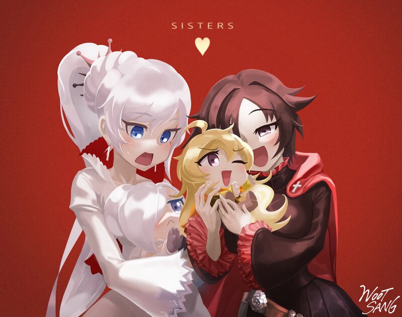 Three Anime Girls Hugging — Red, Affectionate, Digital Art