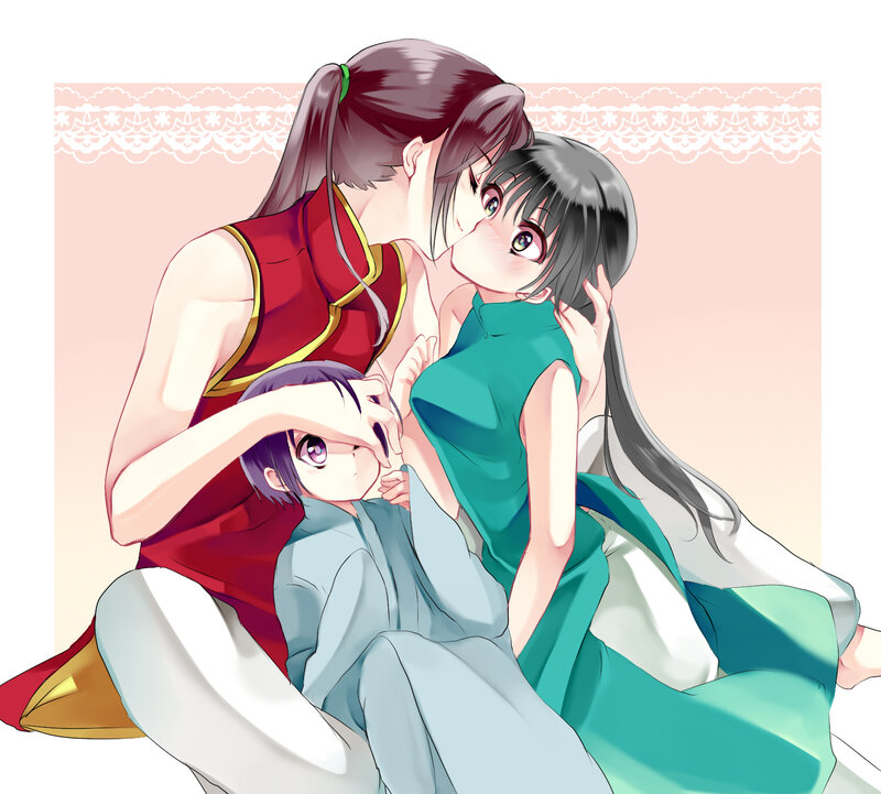 Three Anime Girls Hugging — Red, Affectionate