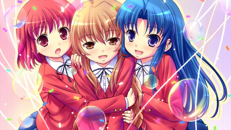 Three Anime Girls Hugging — Red, Celebratory