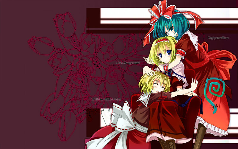 Three Anime Girls Hugging — Red
