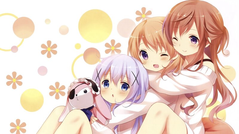 Three Anime Girls Hugging — White, Cheerful