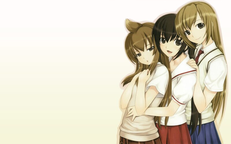 Three Anime Girls Hugging — White