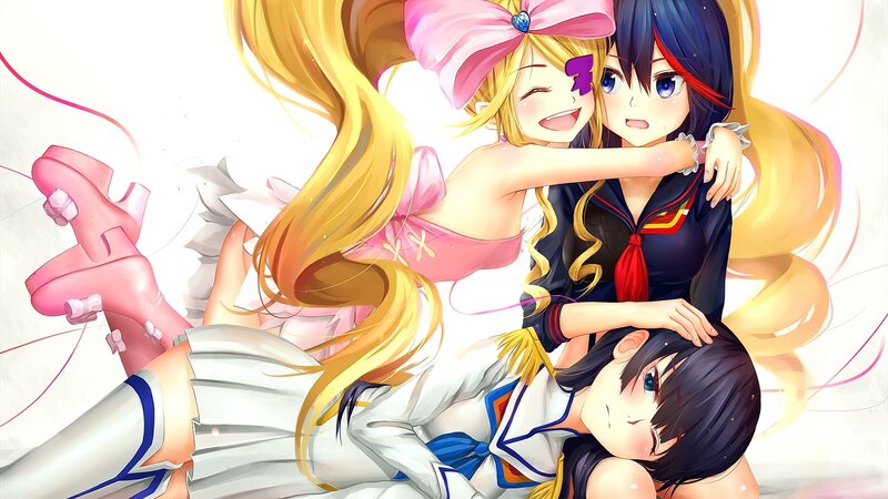 Three Anime Girls Hugging — Yellow, Playful