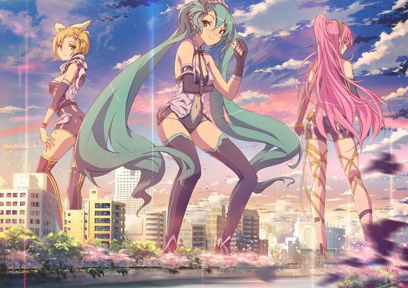 Three anime girls in a city