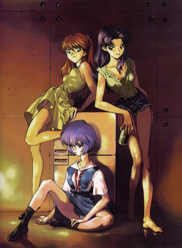 Three anime girls in a dimly lit room