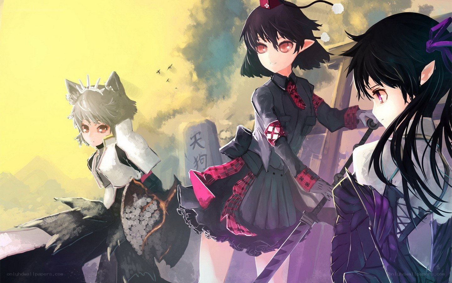 Three anime girls in a dramatic scene