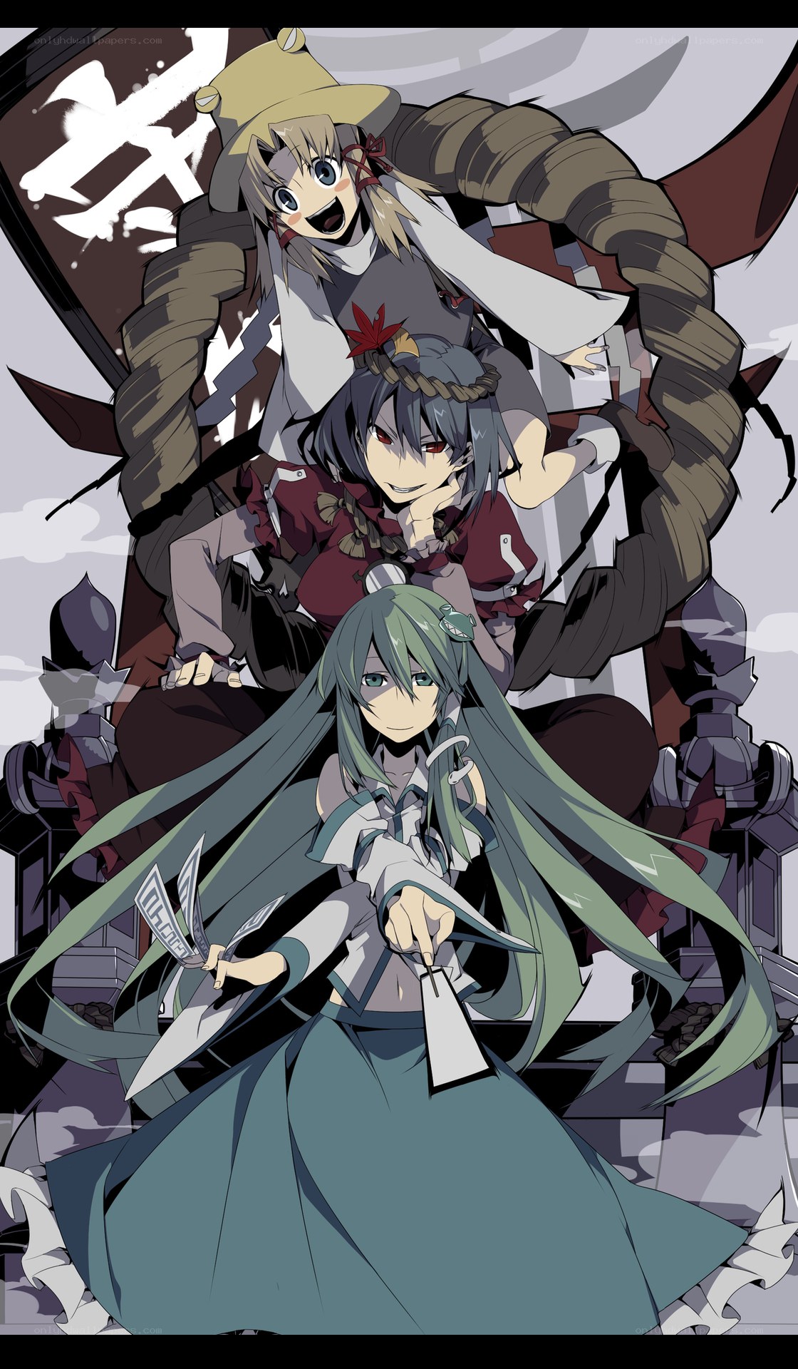 Three anime girls in a dynamic pose