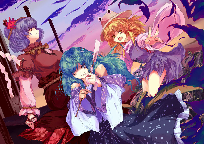 Three anime girls in a fantasy scene