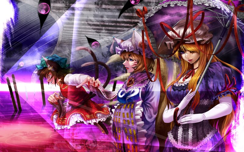 Three anime girls in a fantasy scene