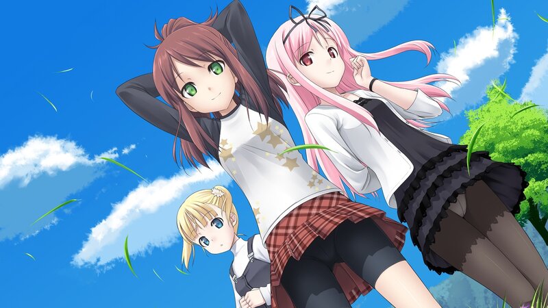 Three anime girls in a field