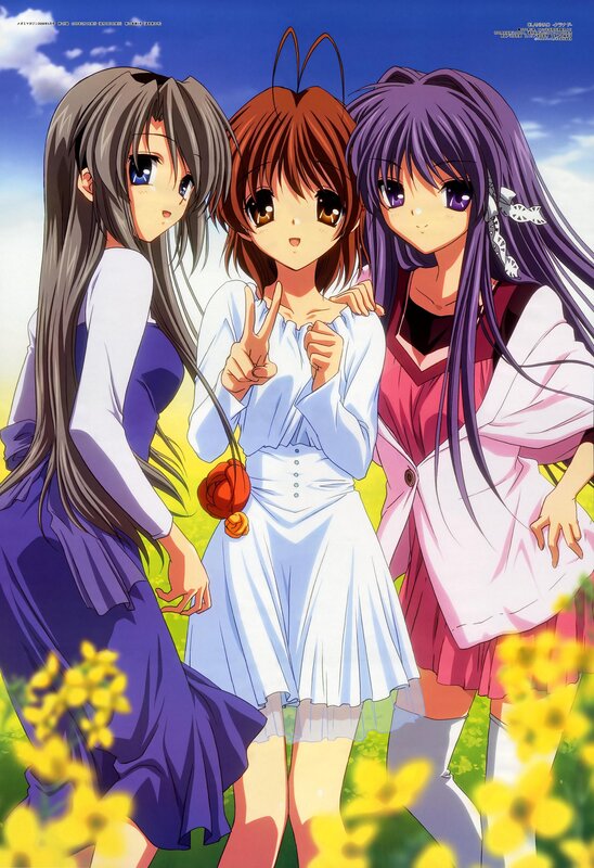 three anime girls in a field